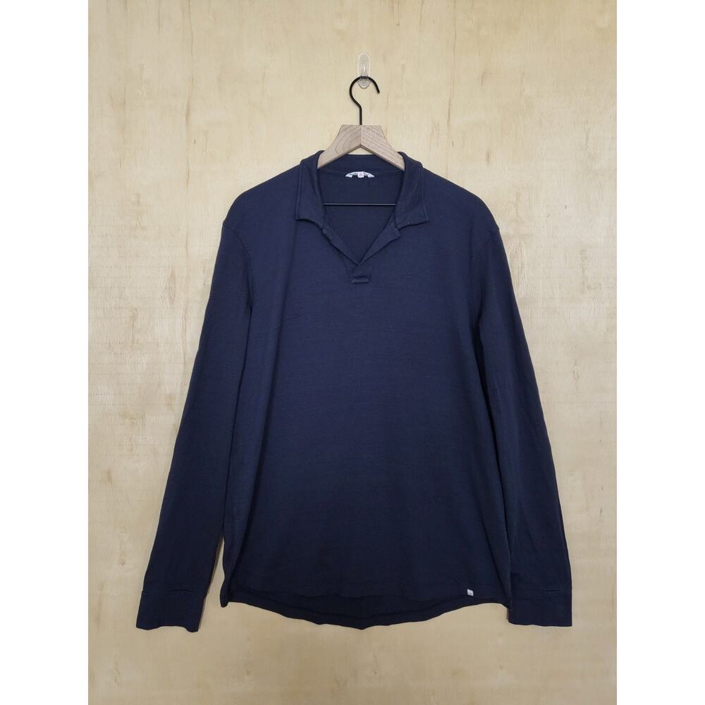 Size:XL Orlebar Brown Cotton Polo Shirt Long Sleeve Navy Blue V Neck